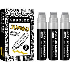 SRUOLOC 3 Jumbo Permanent Markers Silver, 15mm Thick Wide Tip, Large Acrylic Paint Markers for Rock Painting, Poster, Stone, Ceramic, Glass, Wood, Canvas