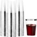 I00000 200pcs Silver Disposable Plastic Cups 10 oz Clear Old Fashioned Tumblers With Silver Rim - Fancy Wedding Party Cups, Elegant Wine Glasses, Cocktail Tumblers