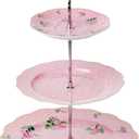 BTaT- Floral 3 Tier Cake Stand, Porcelain, Pastel Pink with Pink Roses & Gold Trim, 3 Tiered Dessert Stand for Cookies, Cupcakes & Fruits