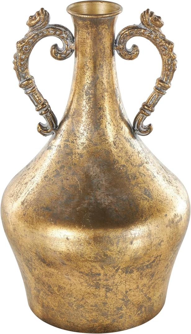 Deco 79 Metal Decorative Vase Weathered Vintage Amphora Centerpiece Vase with Ornate Scroll Handles, Flower Vase for Home Decoration 7" x 7" x 12", Gold