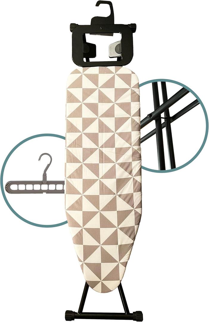 Ironing Board with Hanger, Adjustable Height & Safety Stand for Small Spaces