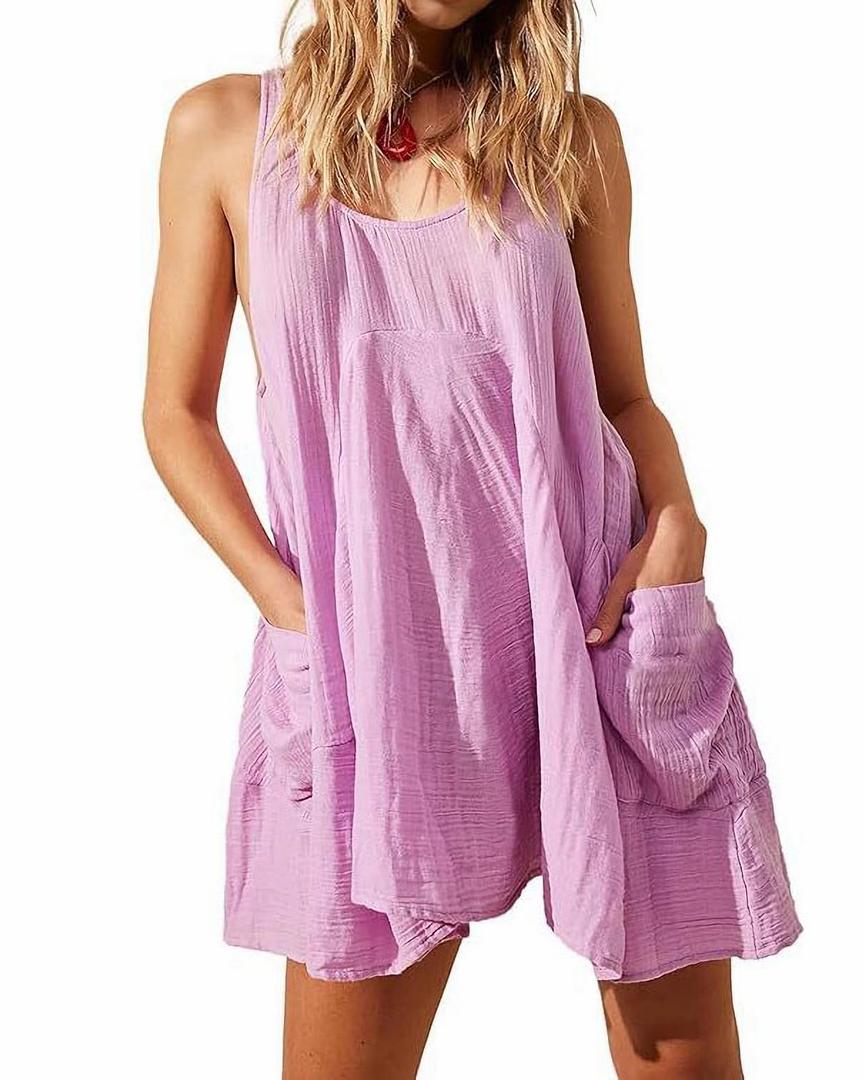 codcm Womens Summer Sleeveless Mini Dress U Neck Backless Flowy Short Dress Casual Beach Sundress with Pockets(Purple,Medium) (Purple, M)