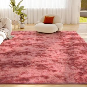 Litanika 9x12 Fluffy Shag Faux Fur Area Rug for Living Room Bedroom, Tie-Dyed Dark Red High Pile Soft Plush Shaggy Furry Bedside Playroom Dorm Carpet, Non-Slip, Non-Shedding Modern Indoor Floor Rug