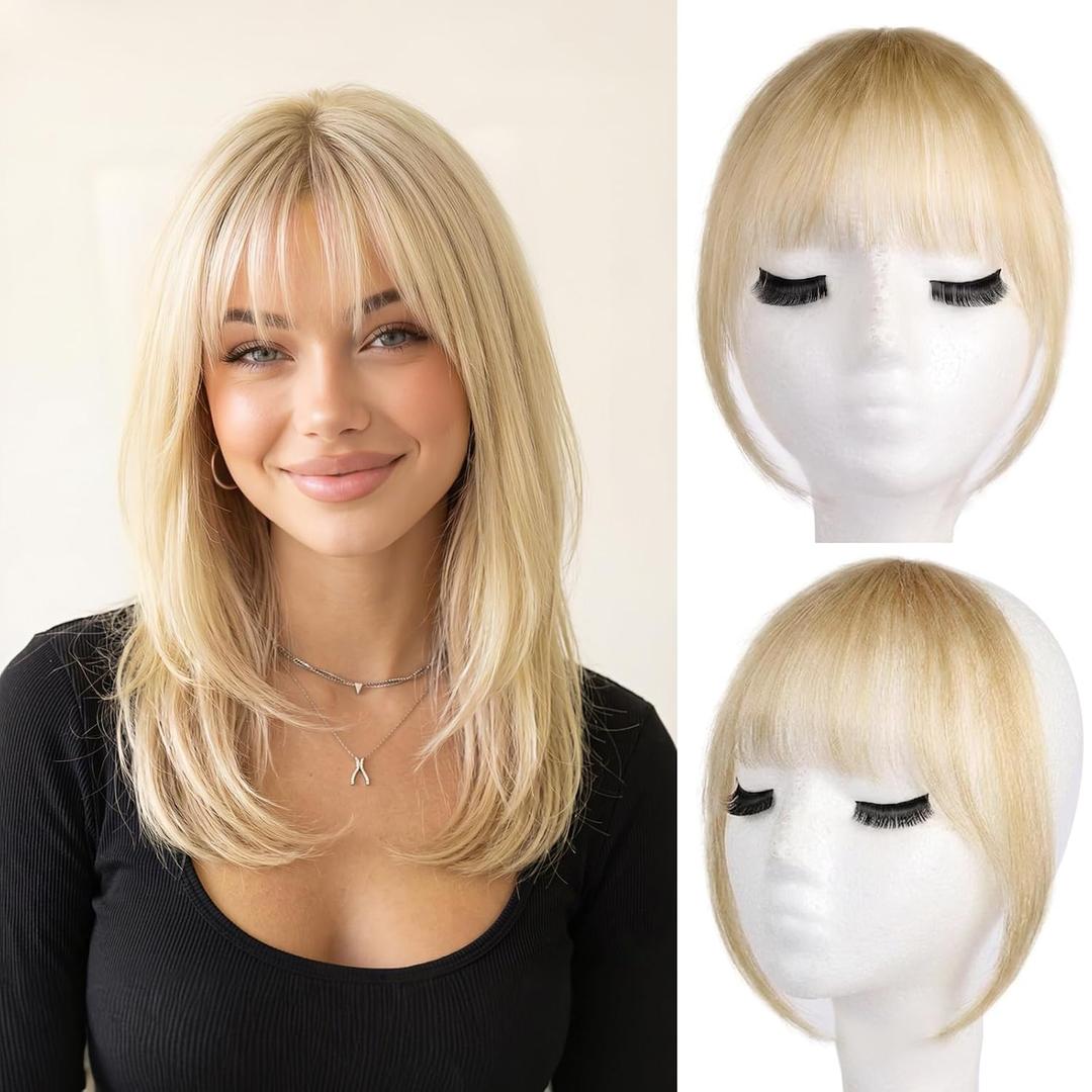 LEEONS Clip in Bangs Real Human Hair, 100% Remy Human Hair Topper for Women, Clip on Bangs Hairpiece with Temples (Wispy Bangs, Blonde mix with Golden Brown)