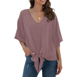 VIISHOW Womens Tie Front Loose Short Sleeve V Neck Floral Blouses Chiffon Tops Summer Shirts, Gray Pink, Large
