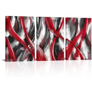 Visual Art Decor Red Abstract Geometric Wall Art Red Lines Painting, Framed Canvas Wall Art 16x24 inch x 3 Pieces