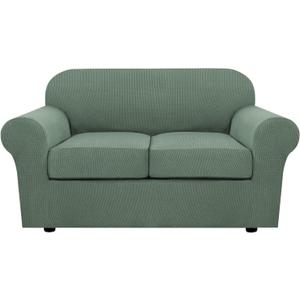 H.VERSAILTEX 3 Piece Stretch Sofa Covers for 2 Cushion Loveseat Couch Covers for Living Room Sofa Slipcovers (Base Cover Plus 2 Seat Cushion Covers) Thicker Jacquard Fabric(Medium, Loden Frost)