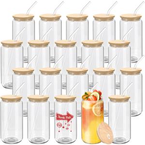 20 Pack Glass Cups with Bamboo Lids and Glass Straws 16oz Clear Glass Tumblers Beer Can Shaped Drinking Glasses Iced Coffee Cups, Cute Tea Cups for Whiskey, Soda, Cocktail, Gift