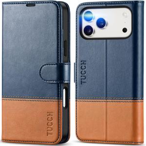 TUCCH Wallet Case for iPhone 17 Pro Max (6.9") 2025, 4 Card Holders, RFID Blocking, Stand, Shockproof TPU Shell, PU Leather, Magnetic Closure, Protective Flip Folio Cover, Blue & Brown