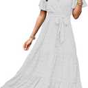 kinstell Women's 2025 Floral Summer Dress Wrap V Neck Short Sleeve Belted Ruffle Hem ALine Bohemian Maxi Dresses BIvory Large