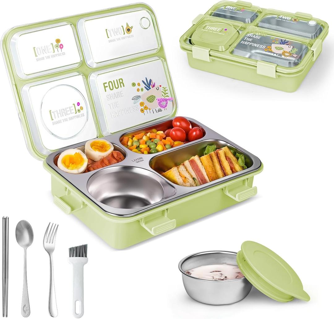 Stainless Steel Adult Lunch Box, 28.7oz 4-Compartment Metal Bento Box Kids Snack Containers with 5oz Soup/Condiment Cup, Food Storage Containers with Utensils and Cleaning Brush Set - Green