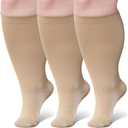 Wide Calf Compression Socks: Plus Size Compression Stockings for Men Women - Extra Large 20-30 mmHg Compression Hose Support for Travel Nurses Running Pregnancy 3 Pairs (2XL, Beige)