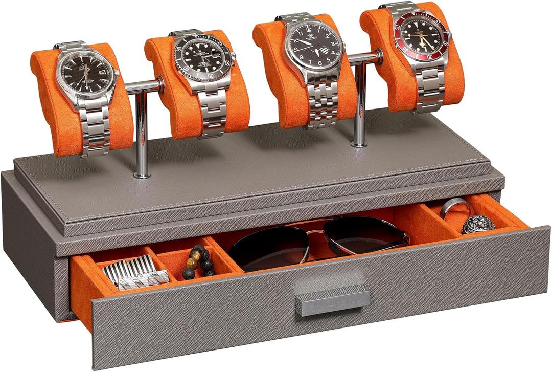 ROTHWELL Luxury Watch Display Case for 4 Watches  Leather Watch Box with Acrylic Cover and Removable Slide in Cushions  Accessory Drawer with Multiple Configurations (Grey/Orange)