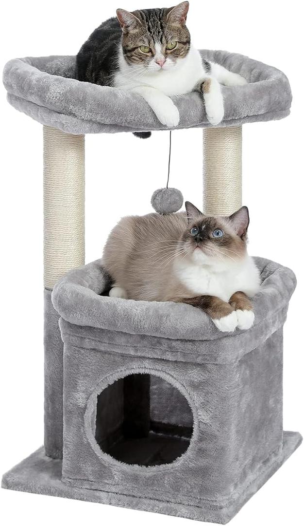 PAWZ Road Cat Tree, Multi-Level Cat Tower with Sisal-Covered Scratching Post, Cozy Cat Condo Soft Cat Perch and Plush Pompom for Indoor Cats, Grey