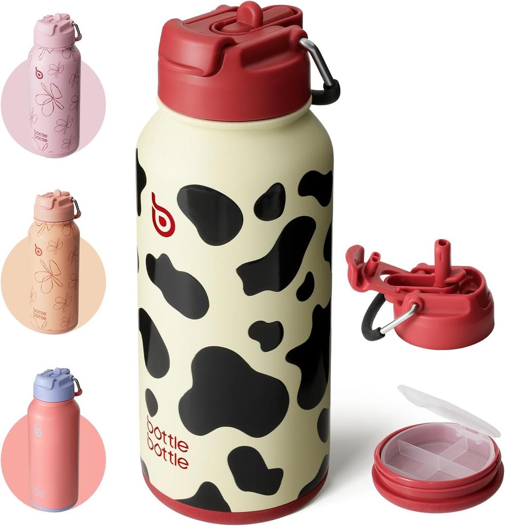 BOTTLE BOTTLE 32oz Insulated Water Bottle Stainless Steel Sport Water Bottle with Straw Dual-use Lid Design for Gym with Pill Box (cow)