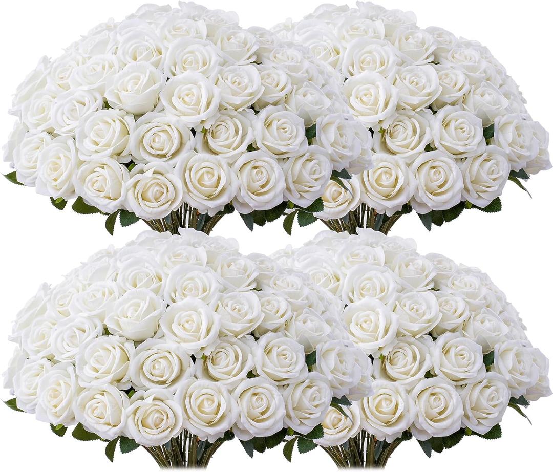 100 PCS Fake White Roses, Artificial Flowers Bulk Realistic Silk Faux Ivory Rose with Stems for Wedding Decorations Table Centerpieces Bridal Bouquet DIY Floral Arrangement Event Party Home Decor
