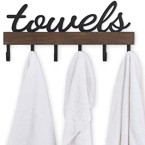 Dahey Small Towel Rack with 6 Hooks, Towel Holder Wall Mount Bathroom Organizer Rustic Farmhouse Home Decor Hanger Storage Hooks for Towel, Robe, Bag, 15" L X 6.7" H, Brown