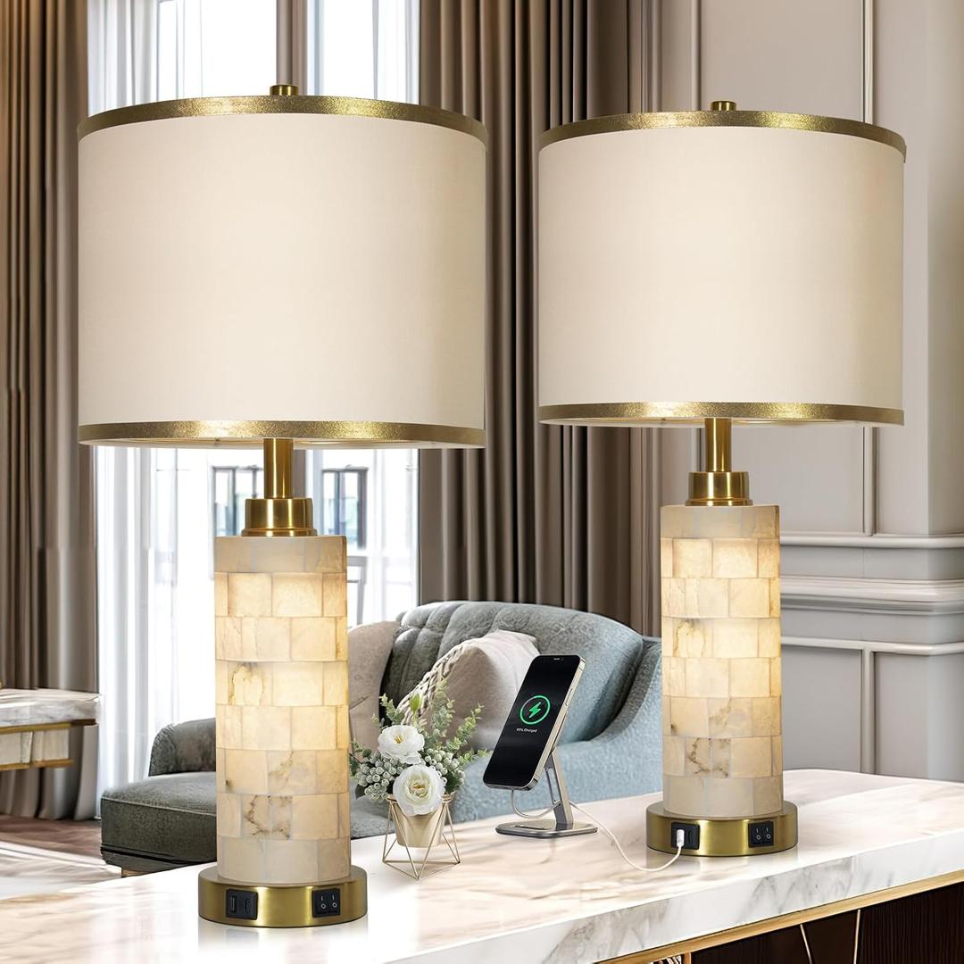 27" Alabaster Table Lamps Set of 2, Lamps for Living Room Bedroom, Bedside Lamps with Night Light, Nightstand Lamp with USB A+C Ports, Modern Table Lamp with Linen Shade (Bulbs Included) (Golden Colored-1)