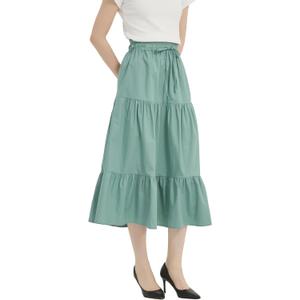 Tronjori Womens A Line Long Midi Denim Skirt Tired Layers with Drawstring | High Waist Skirt ,Elastic Waistband,Front DrawstringSuitable for Spring Summer and Fall Seasons (Green, XL)