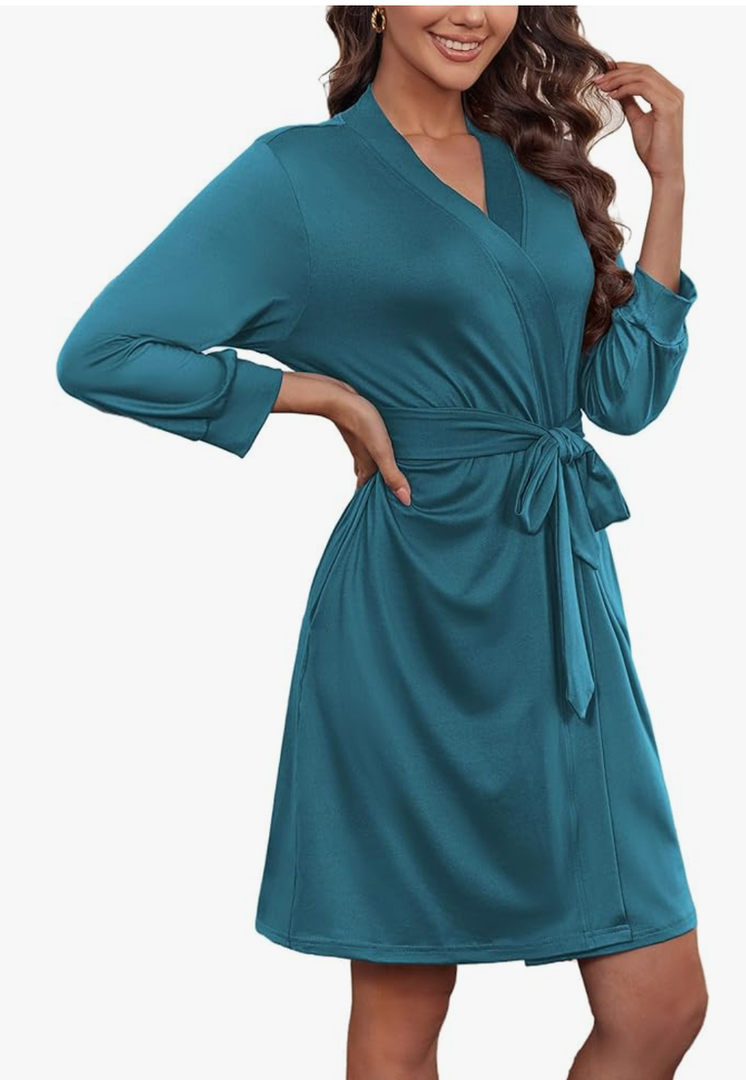 Ekouaer Women's Robe Lightweight 3/4 Sleeve Knit Bathrobe Soft Knee Length Sleepwear Robes with Pockets Large, Lake Blue