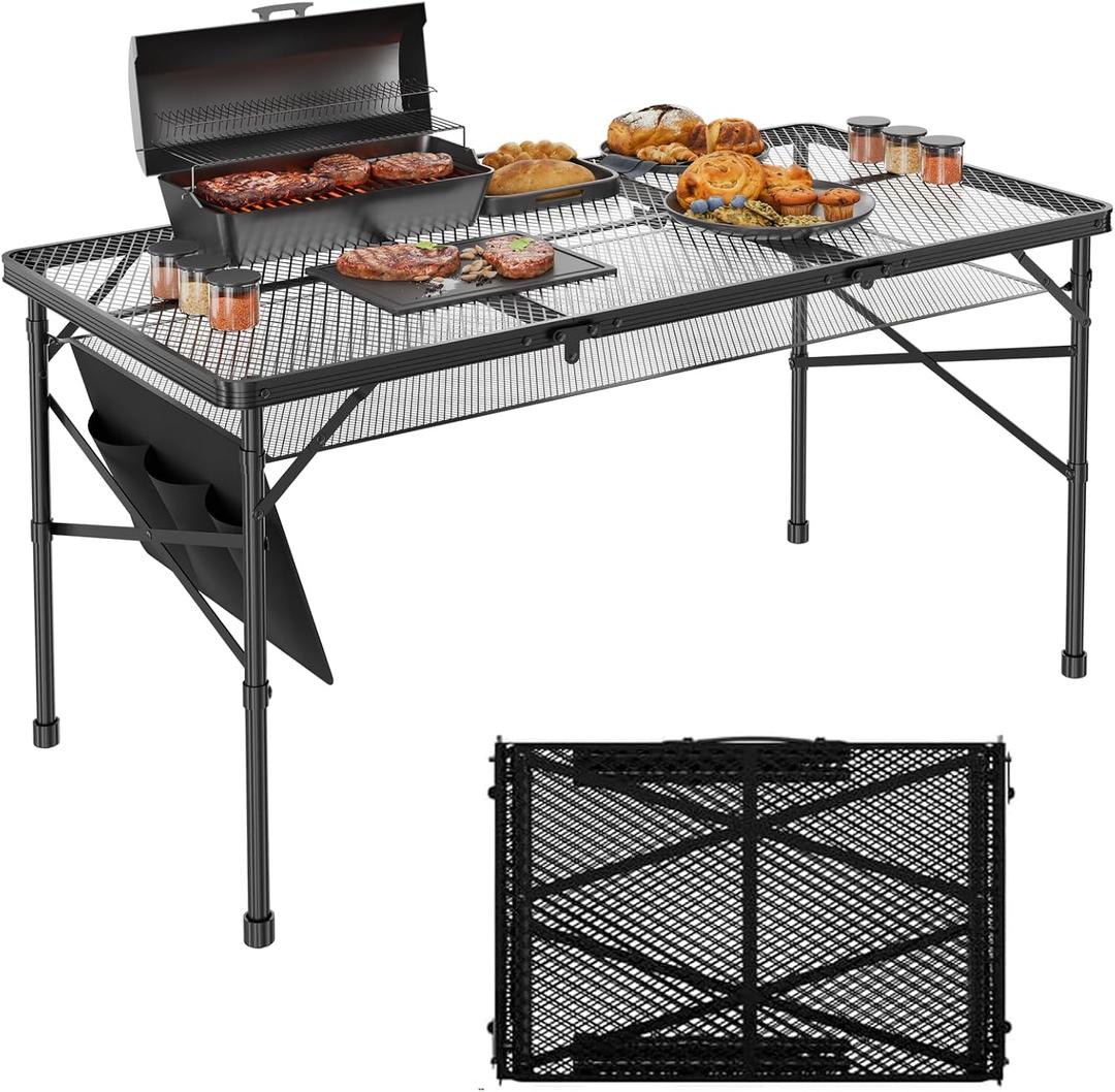 WildFinder Folding Gril Table, 4x2 FT Camping Table with Mesh Desktop,Height Adjustable Folding Grill Table with Mesh Bag,Portable Outdoor for Picnic,Camping,BBQ,Beach(Black)
