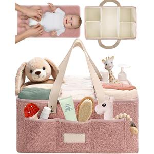 Baby Diaper Caddy Organizer with Portable Changing Mat - Teddy Fleece Diaper Organizer for Changing Table - Basket for Changing Essentials - Baby Essentials Organizer with Removable Dividers