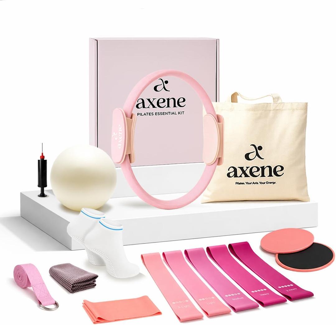 Axene At Home Pilates Kit - Pilates Ring and Ball Set - Pilates Essentials Kit for Women with Mini Ball, Resistance Bands, Exercise Guide & Bag - Kit de Pilates en Casa