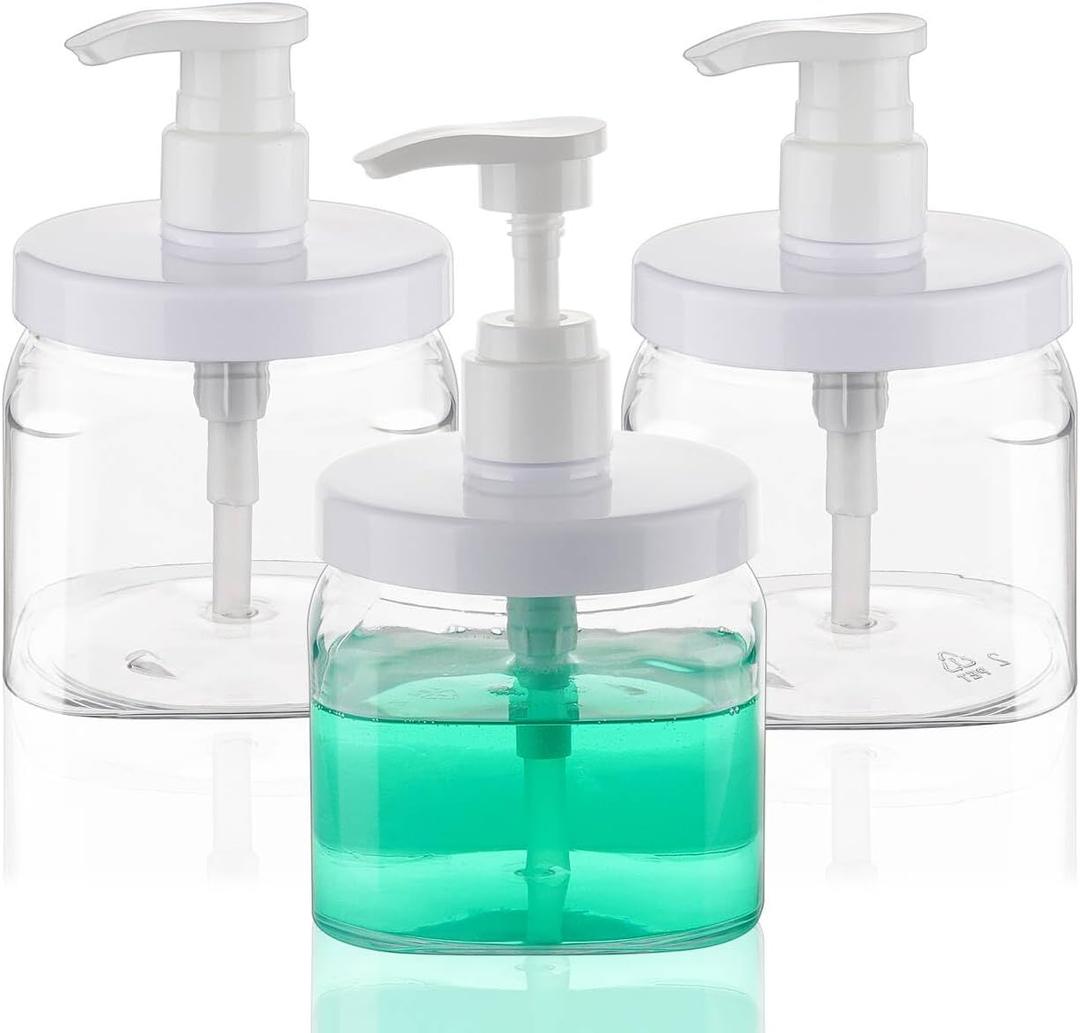Pump Bottle Dispenser 3 Pack 550ml/18.6oz Lotion Dispenser Wide Mouth Plastic Refillable Lotion Pump Bottles Empty Bathroom Shower Containers for Hand Wash Shampoo Conditioner(Clear)