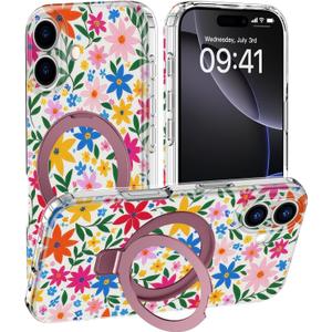 DEENAKIN for iPhone 17 Case - Wireless Charging Compatible - Integrated Multi-Functional Kickstand - Shockproof Protective Phone Case with Trendy Cute Designs for Women - Blooming Wildflower