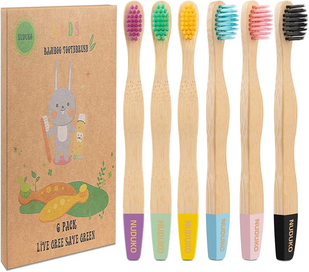 Kids Toothbrush Bamboo Toothbrushes 6 Pack - Organic Compostable Tooth Brush Wooden Baby Toddler Toothbrush, Eco-Friendly Natural Biodegradable Soft Bristle Toothbrush for Children