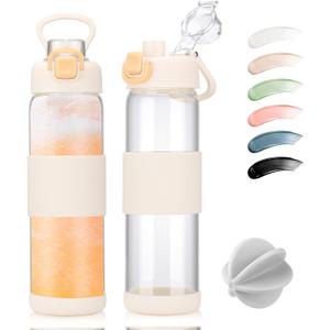 Glass Water Bottle for Protein Mixes 24 oz Protein Shaker Bottles with Whisk Ball Portable Leak Proof Shaker Blender for Fitness BPA Free (White)