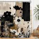 Miyotaa Abstract Modern Plant Flower Shower Curtain Set 60Wx71H Inches Black Tan Contemporary Minimalist Brushstroke Botanical Art Waterproof Bathroom Curtain with 12 Hooks