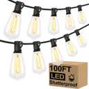 Brightever LED Outdoor String Lights 100FT Patio Lights with 52 Shatterproof ST38 Vintage Edison Bulbs, Outside Hanging Light Waterproof for Porch, Deck, Garden, Backyard, Balcony, Dimmable 2700K (100FT-Warm White, Black Wire)