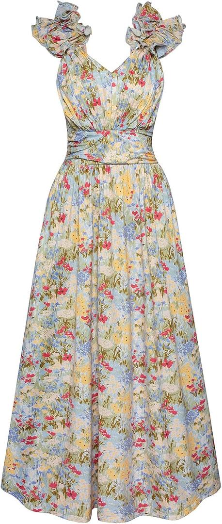 GRACE KARIN 2025 Women's Summer Floral Print Dress Sleeveless Casual Flowy Sundress A Line Ruffle Wedding Guest Outfit (Blue Yellow Floral) S