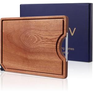 GFBEBDV Kitchen Ebony Cutting Board - with Built-in Knife Sharpener, Reversible for Double Sided Use, Juice Chute, Stainless Steel Handle, Non-Slip Feet, Wooden chopping board, Cooking Gift (Gift Box)