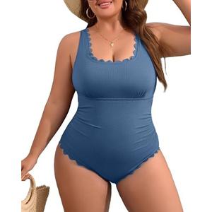 Charmo Plus Size Swimsuit for Women 2025 Tummy Control Scalloped Ribbed One Piece Swimsuits Ruched Modest Bathing Suit, 3X
