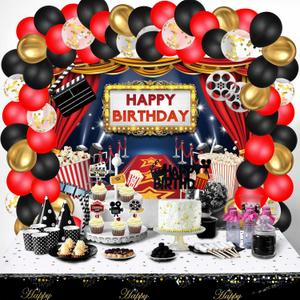Skylety 86 Pcs Movie Night Party Decorations, Include Large Backdrop Colorful Balloons Table Cover Cake Topper for Movie Night Birthday Home Film Party Supplies