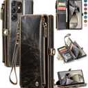 Defencase Compatible with Samsung Galaxy S23 Ultra Case Wallet with RFID Blocking Card Holder for Women Men, PU Leather Magnetic Snap Flip Zipper Strap Phone Case Fit for Galaxy S23 Ultra 5G, Coffee