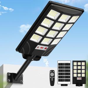 Solar Street Lights Outdoor, Waterproof Motion Sensor Solar Powered Lights with Remote Control, 20000LM 6500K Dusk to Dawn Parking Lot Flood Light with 192 LED Beads for Outside, Garage, Yard, 1-Pack