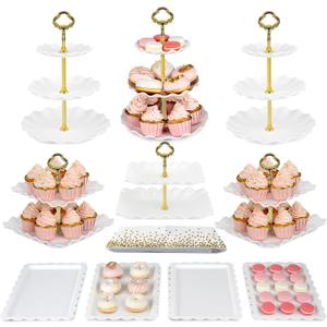 Pack of 10 NWK Cake Stand Set, with 3 x Two-Tier and 3 x Three-Tier Cupcake Stands, 4 x Appetizer Trays, 1 x Tablecloth for Birthday Bridal Baby Shower Party (Gold)