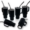 Cute Shot Glasses with handle 2oz, Mini Shot Tumbler with Lid and Straw, Kawaii Insulated Tumblers for Espresso Coffee Spirits Cute Stuff Funny Gifts (6x Black)