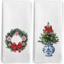 Chinoiserie Christmas Kitchen Towels, Blue and White Tree Bow Dish Tea Towels for Kitchen, Coquette Christmas Xmas Holiday Decorative Hand Towels for Bathroom Decor, 16X24 Inch Set of 2