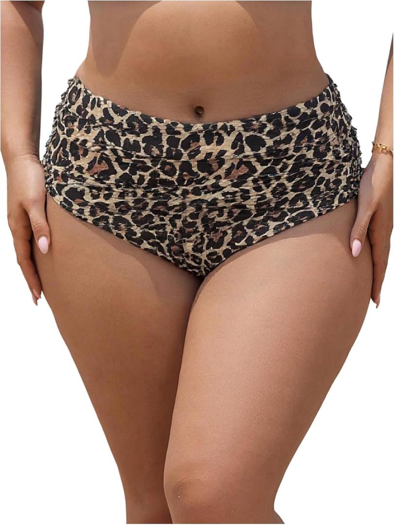 Verdusa Women's Leopard Print Bikini Bottoms Drawstring Ruched Swim Briefs (Medium, Brown)