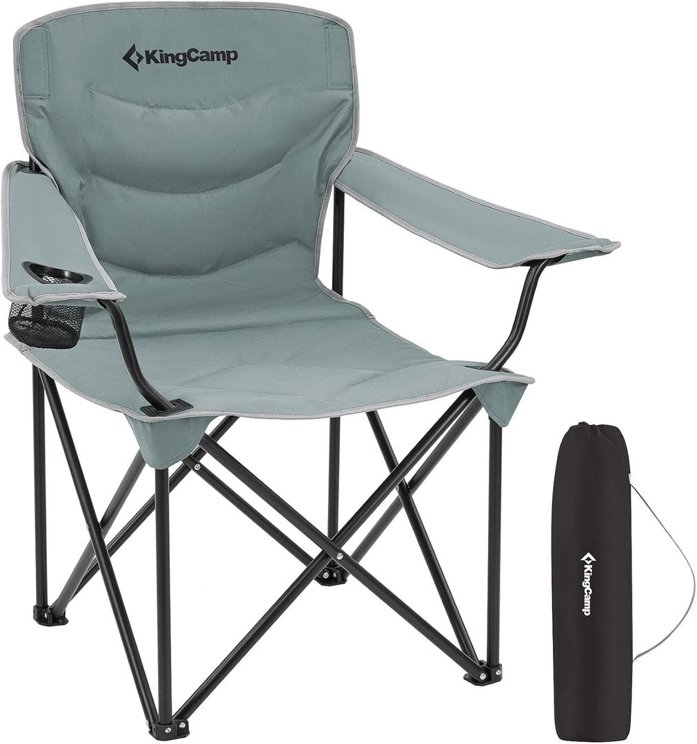 KingCamp Folding Camping Chair Oversized Portable Lawn Chair Padded Quad Chair with Cup Holder and Carry Bag, Heavy Duty Supports 300lbs for Outdoor, Fishing, Picnic, Sports, Grey