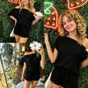 Dressmine 2 Piece Short Sets for Women Sexy Lounge Pjs Cute Batwing Off Shoulder Top Shorts Pajamas Summer Outfits (Black, M)