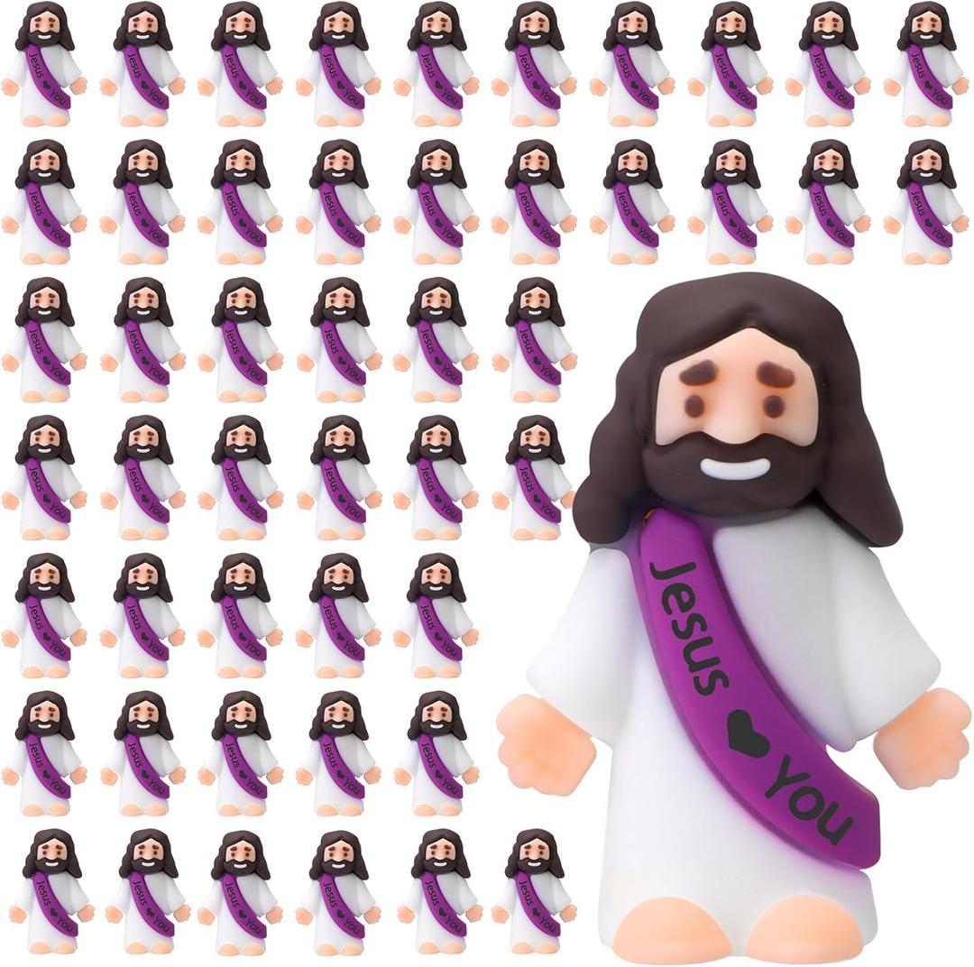 Bememo 50 Pcs Mini Jesus Figures Jesus Loves You Christ Toys Little Christ Figures to Hide and Seek Sunday School Religious Party Favors Gift(Purple)