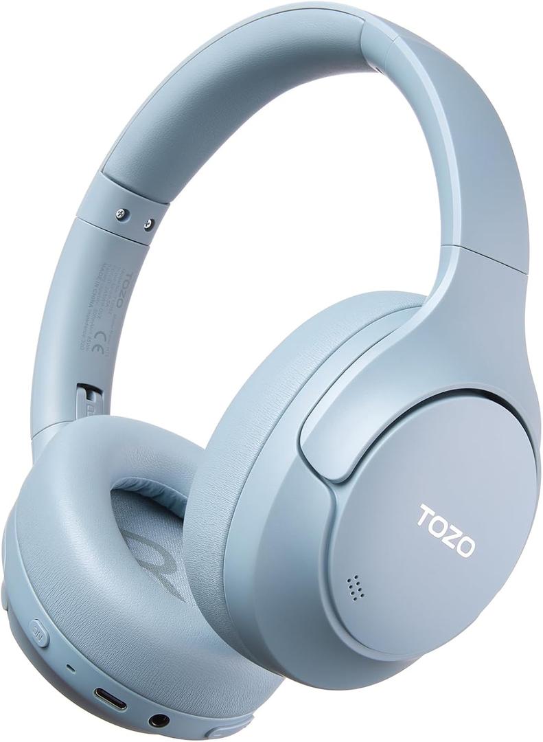 TOZO HT3 Hybrid Noise Cancelling Headphones, 90H Battery Life Wireless Over Ear Bluetooth 6.0 Foldable Headset, AI Voice Assistant with 5 Mics, Connect 2 Devices and Hi-Res Sound, 32 EQ Audio Presets Titanium Blue, Headphones Only