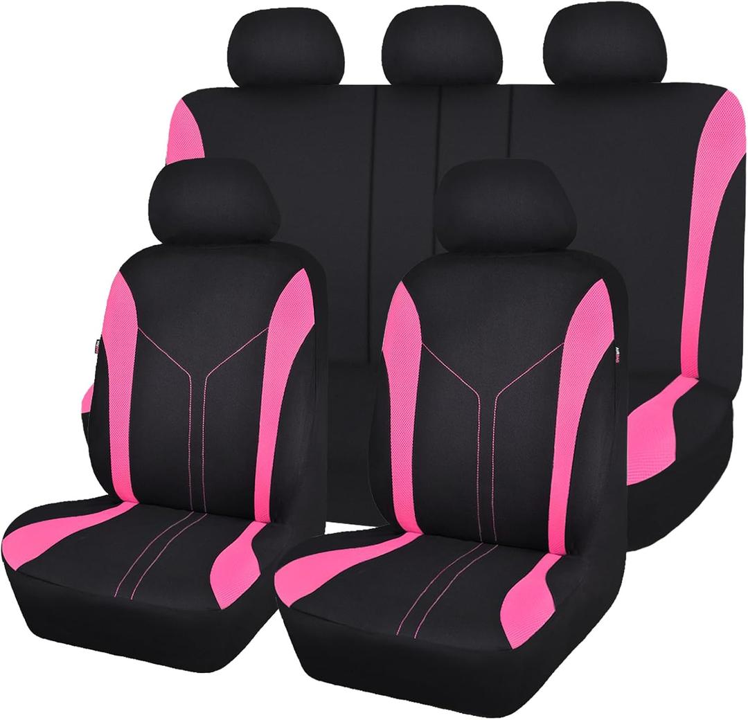 Flying Banner Car Seat Covers Full Set Front Seats and Rear Bench Mesh Fabric Splicing Polyester Cover Black with Pink Color