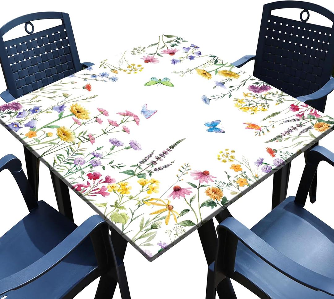 Spring Square Fitted Tablecloth with Elastic Edge Watercolor Floral Card Table Cover Waterproof Outdoor Table Cloth for Patio Kitchen Party Decor Fits for 36" x 36" Square Table