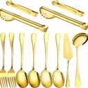 12 Pcs Gold Serving Utensils Set Include Stainless Steel Large Serving Spoons Slotted Spoons Forks Soup Ladle Pie Server - Metal Utensils for Parties Buffet Catering, Dishwasher Safe
